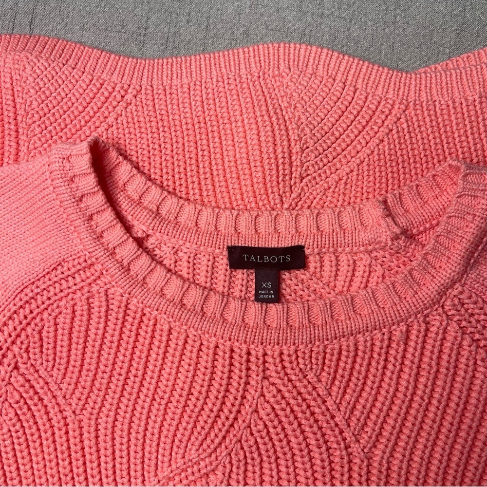 Talbots Pointelle Raglan Crew Neck Knit Sweater Salmon Rose Pink Coral XS - Picture 9 of 10
